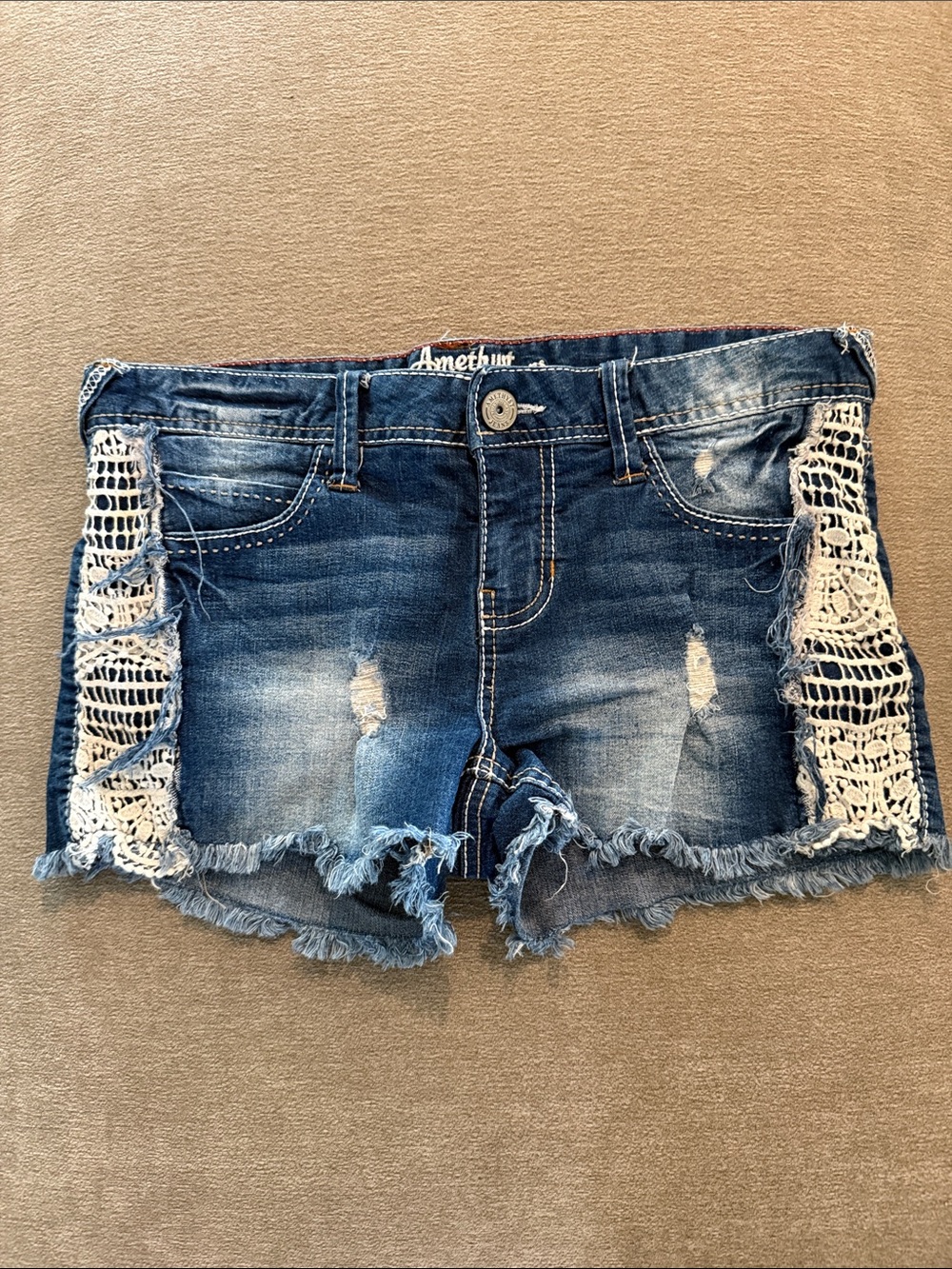 Amethyst Jeans Blue Distressed Denim Shorts with Crochet Trim